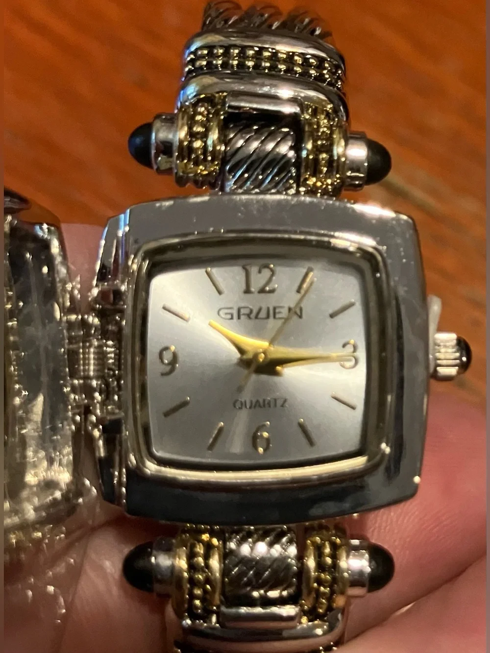 NEW Vintage Gruen Peek-A-Boo Bracelet Watch in Silver & Gold with Amber Dial